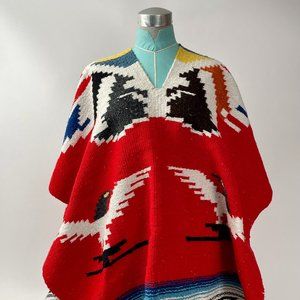 Vintage Navajo Southwest Woven Blanket Shawl Poncho Wrap, Red Black Blue Yellow